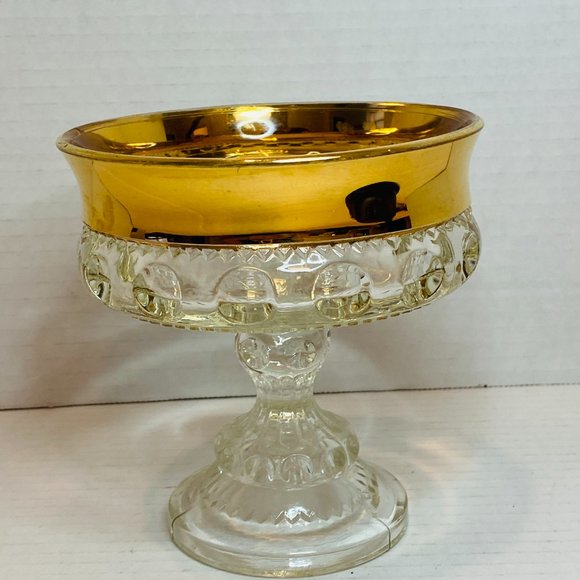 King's Crown Gold Rim Compote Clear Glass Dish Pedestal - Picture 2 of 4
